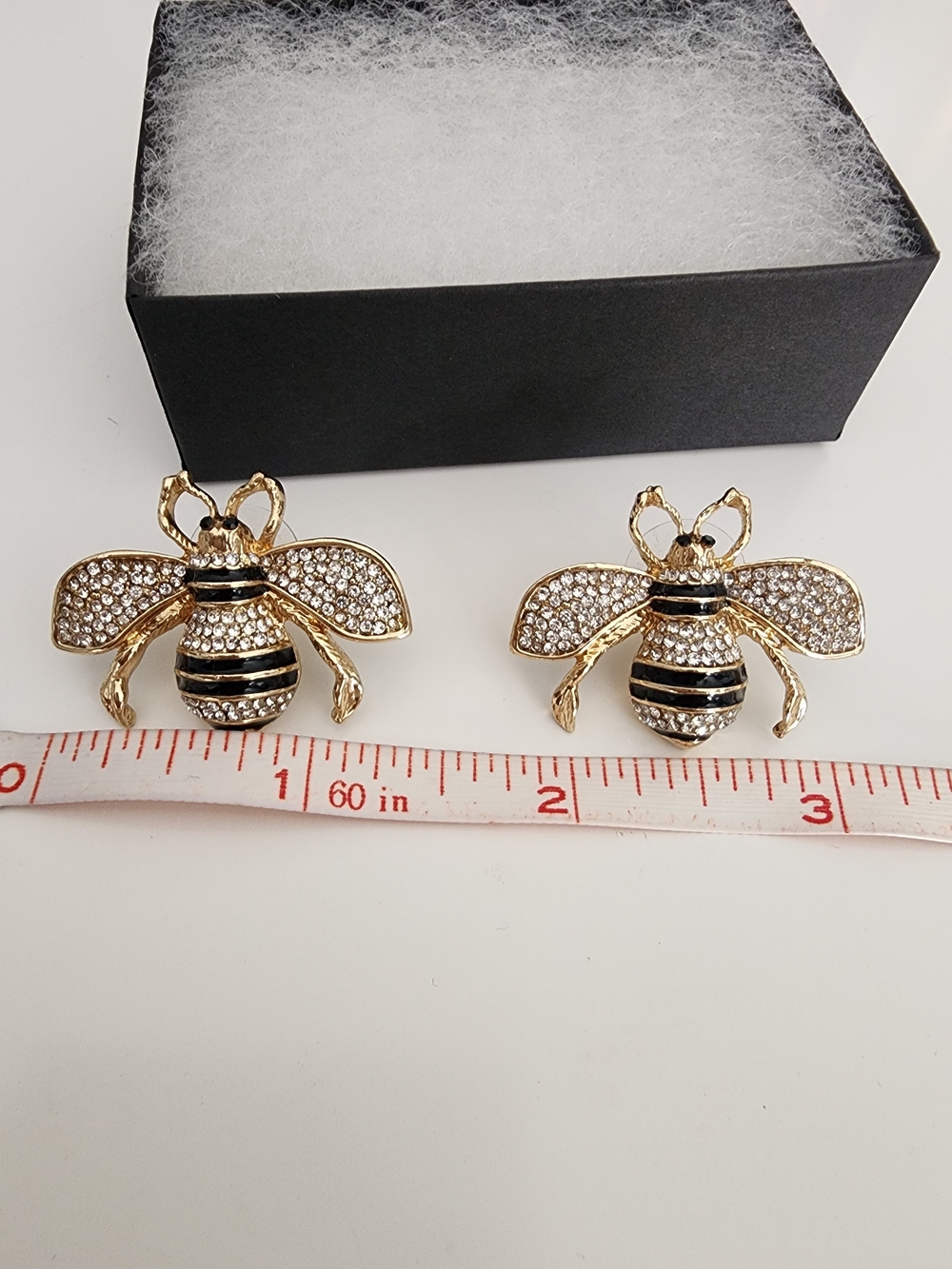 Gold Bee Earrings with Black Enamel & Rhinestones - Picture 3 of 3